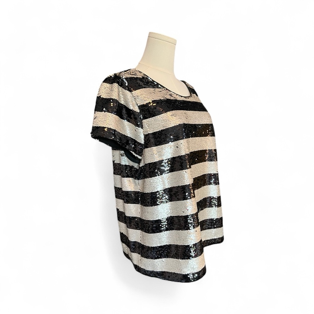 🆕 🖤🤍 NWOT VINCE CAMUTO Sequin Black & White Striped Top | Sz XL - Picture 3 of 7